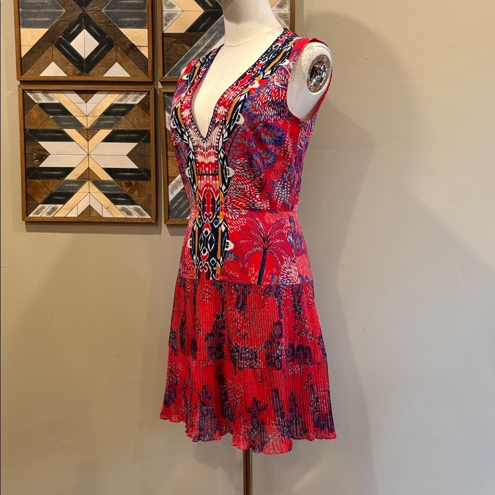 SALONI Silk Crepe Printed V-Neck Sleeveless Mini Dress size 4 - Picture 4 of 15